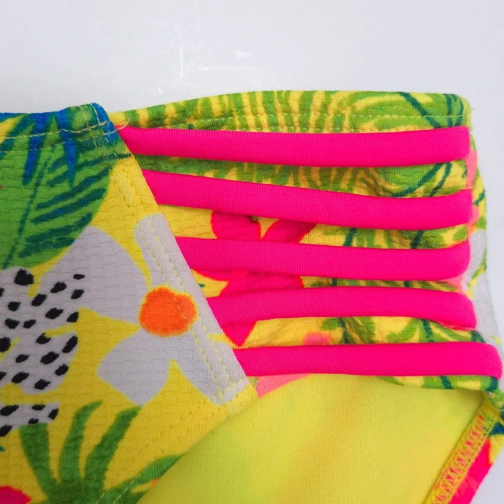 Art Class Neon‎ Yellow & Pink Floral Leaves Bikini Swimsuit Set- Girl's Kids XL